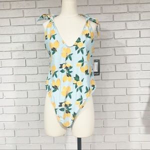 Nasty Gal Gingham & Lemons Tie Shoulder Swimsuit